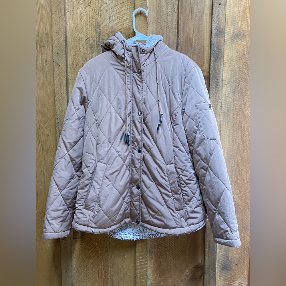 Free Country Quilted Jacket L Pink Hood Sherpa Zip Button Pockets